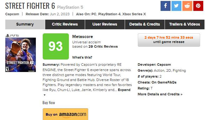 《街头霸王6》M站媒体评分93分 6月2日发售