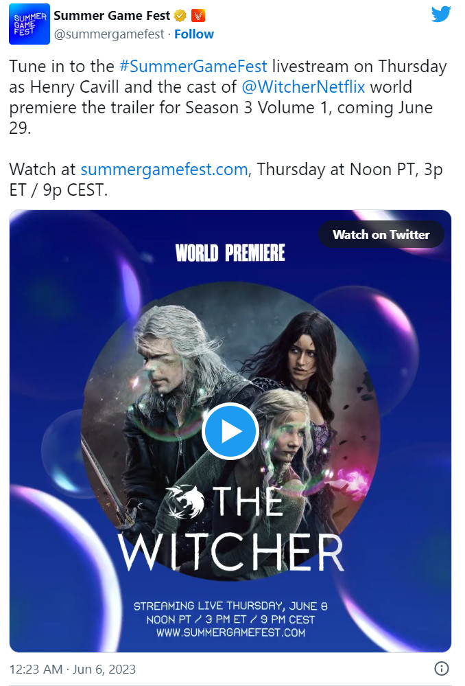 《巫师》第三季新预告将在夏季游戏节上播出