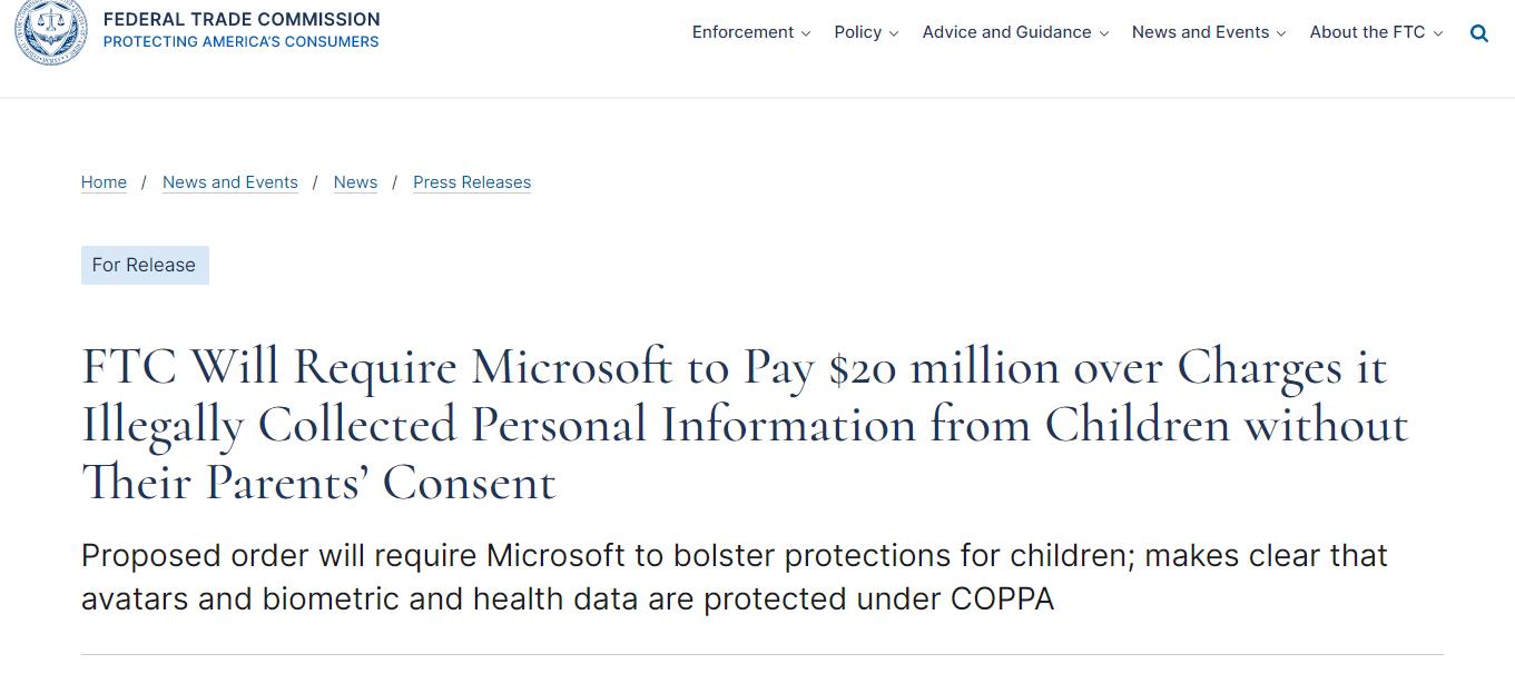 Xbox非法收集儿童信息 FTC罚没微软两千万美元