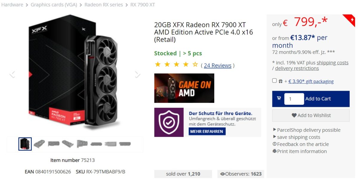 AMD RX7900XT欧洲价格暴跌 现已不到800欧元