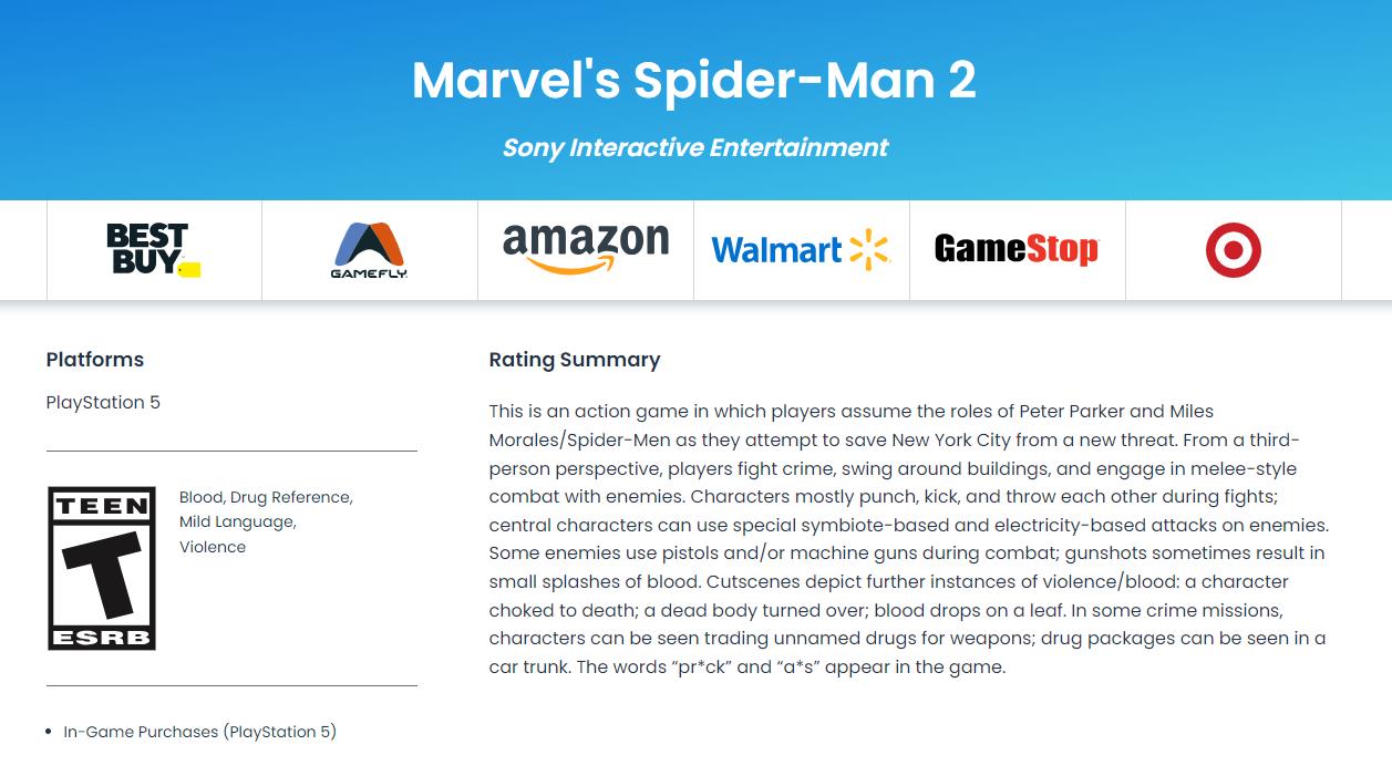 《漫威蜘蛛侠2》通过ESRB评级 包含游戏内购