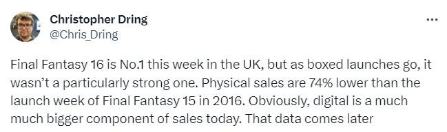 《最终幻想16》首周英国实体销量登顶 但仍不及《最终幻想15》