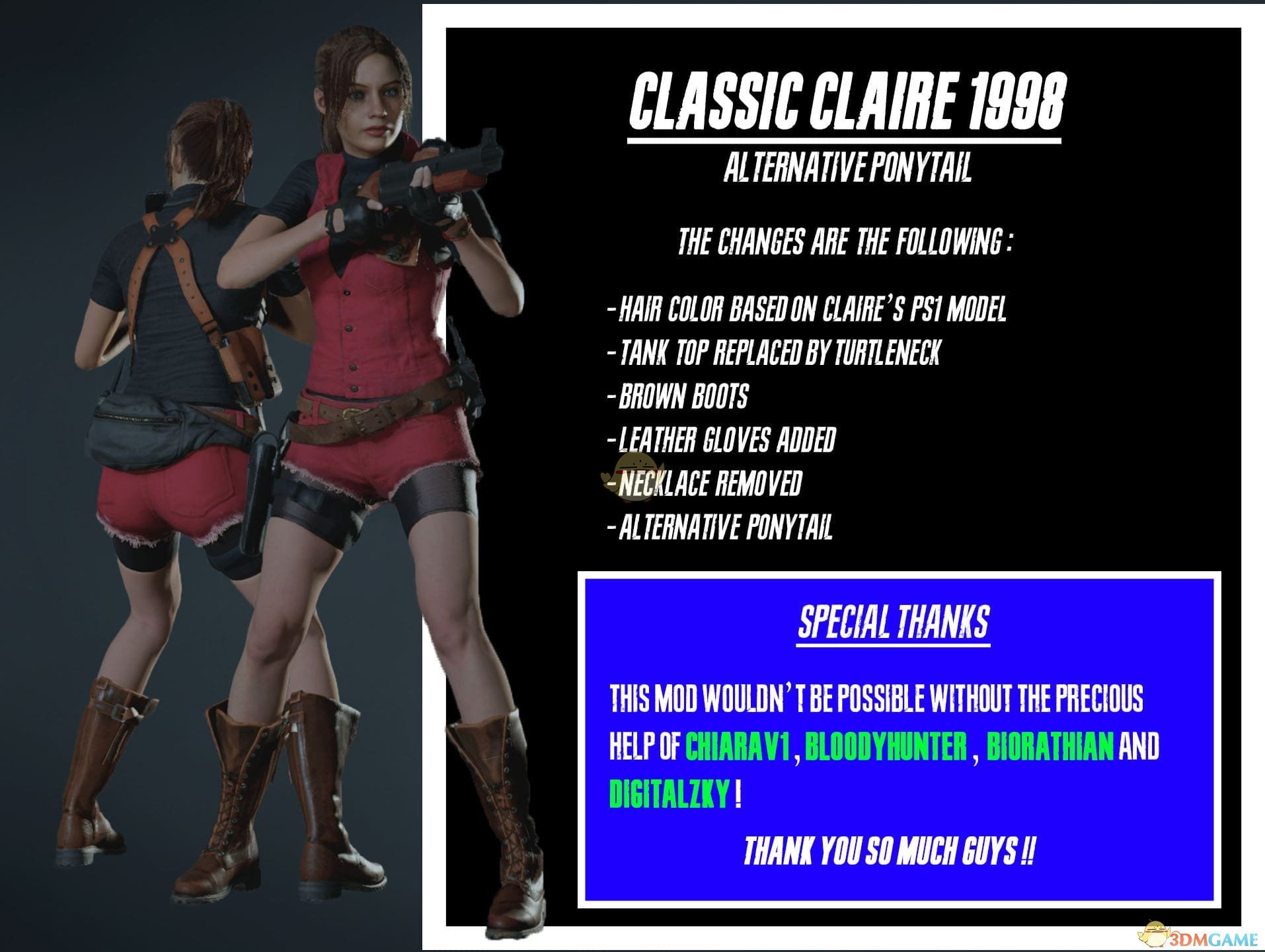 《生化危机2：重制版》经典克莱尔98 另类马尾辫MOD