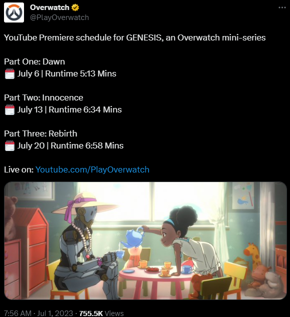 《守望先锋》推故事动画GENESIS 三段短片7月6日起发布
