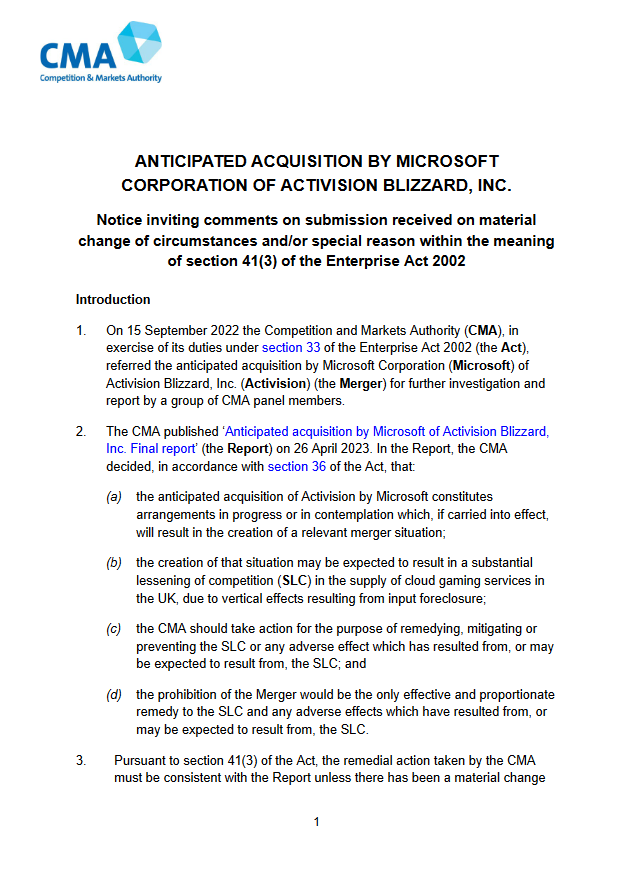 英国CMA寻求更多有关动视微软收购第三方意见