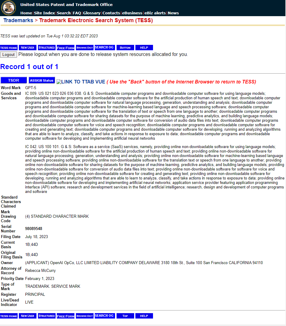 美国专利局信息显示 OpenAI已提交GPT-5商标申请