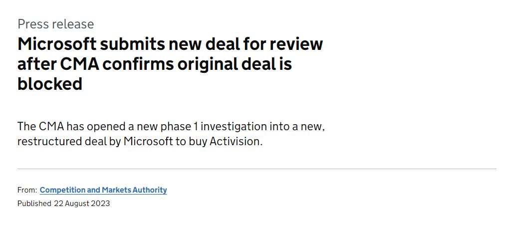 英国CMA将重新审核微软收购动视暴雪交易 10月18日前给出最终判决
