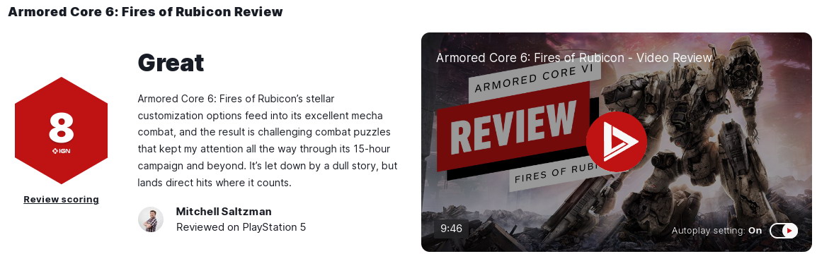 《装甲核心6》IGN评8分：机甲战优秀 剧情平淡乏味