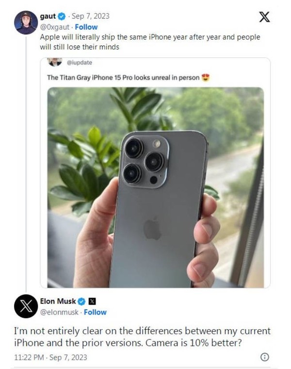 马斯克讽刺苹果iPhone没新意 果粉回怼：特斯拉也是