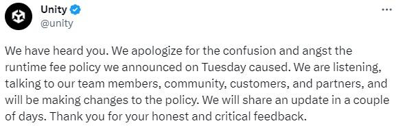 Unity官方发推致歉 “安装费”政策修改之后公布