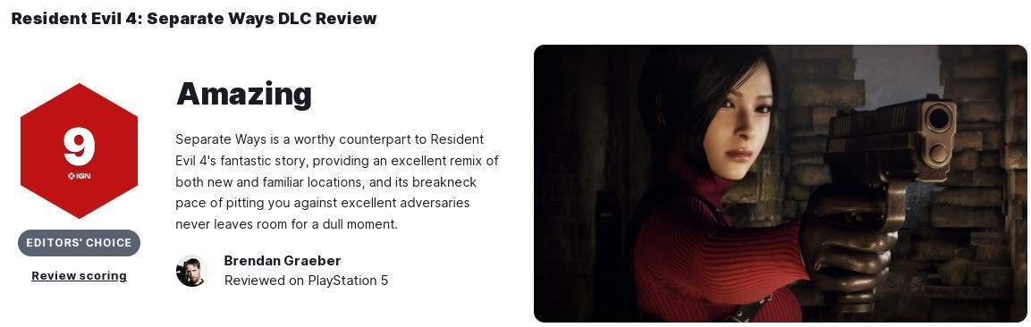 《生化4重制版》艾达王DLC被IGN评9分 体验很完美