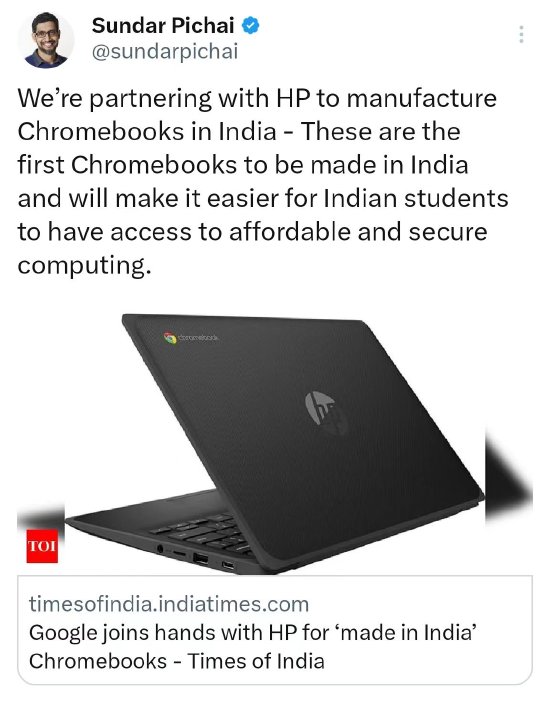 谷歌将首次在印度制造笔记本电脑 与惠普合作