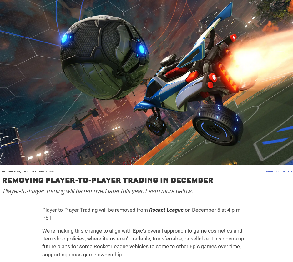 为符合Epic方针 《火箭联盟》将于12月移除玩家间交易功能