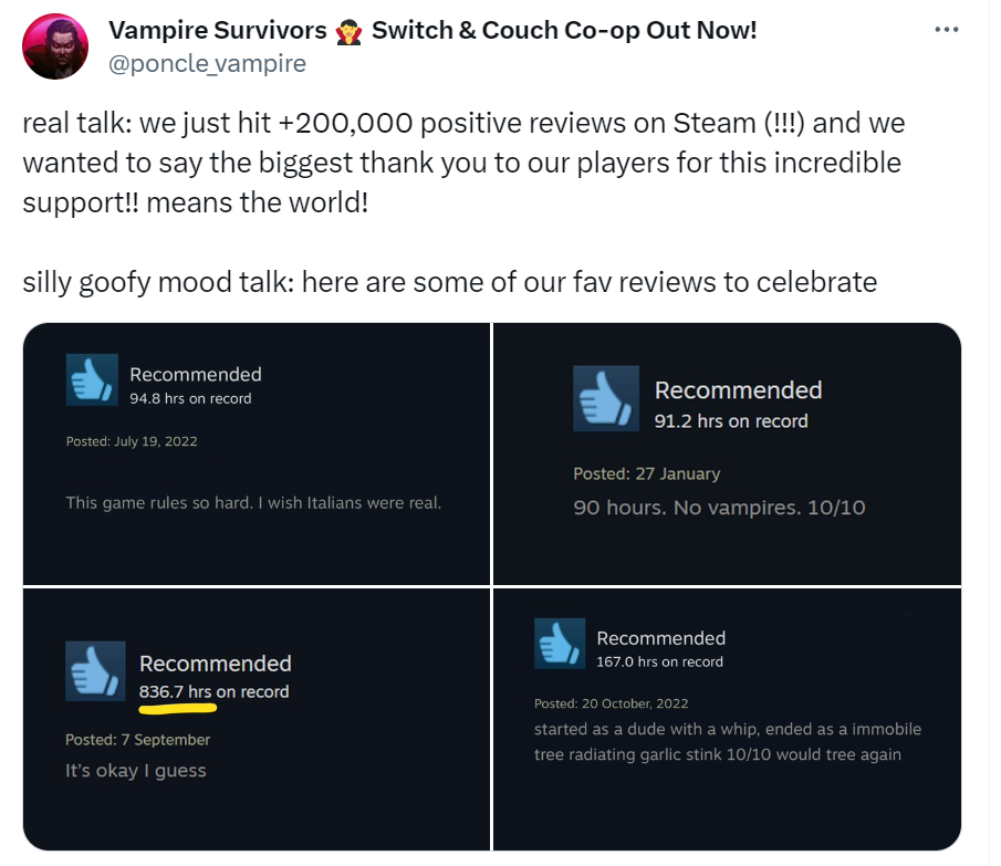 《吸血鬼幸存者》Steam好评人数破20万 官方发文庆贺