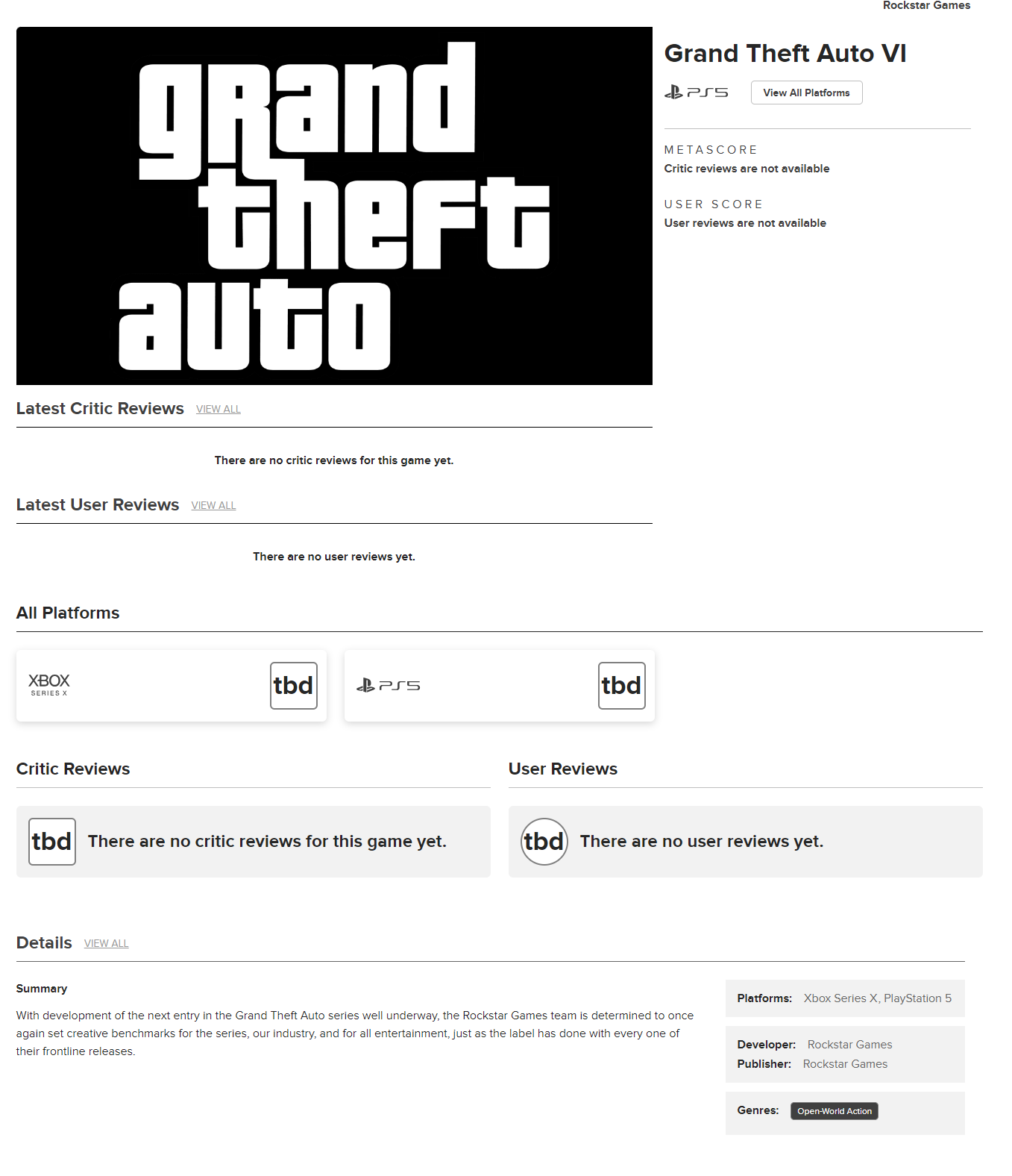 Metacritic站上线《GTA6》游戏页面 只登陆主机平台