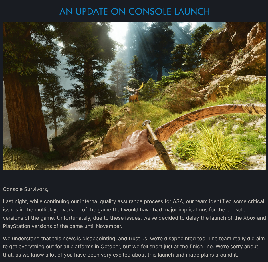 《方舟：生存飞升》将于11月登陆PS5和Xbox Series主机