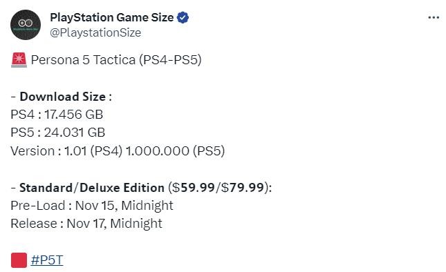 《女神异闻录5：战略版》PS5下载大小24GB 提前两天预载