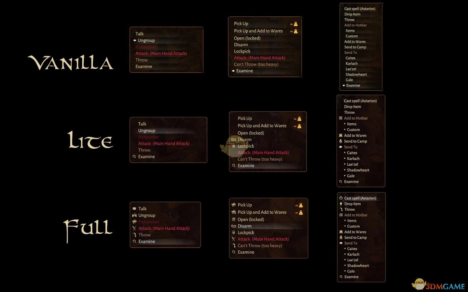 《博德之门3》更好的快捷菜单MOD