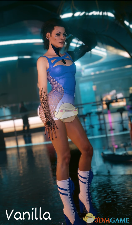 《赛博朋克2077》蓝白色迷你网纹裙MOD