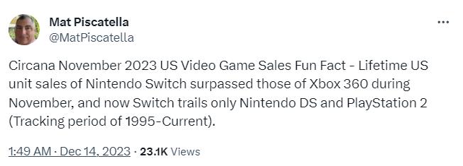 Switch已超越Xbox 360 成为美国第三畅销的游戏机