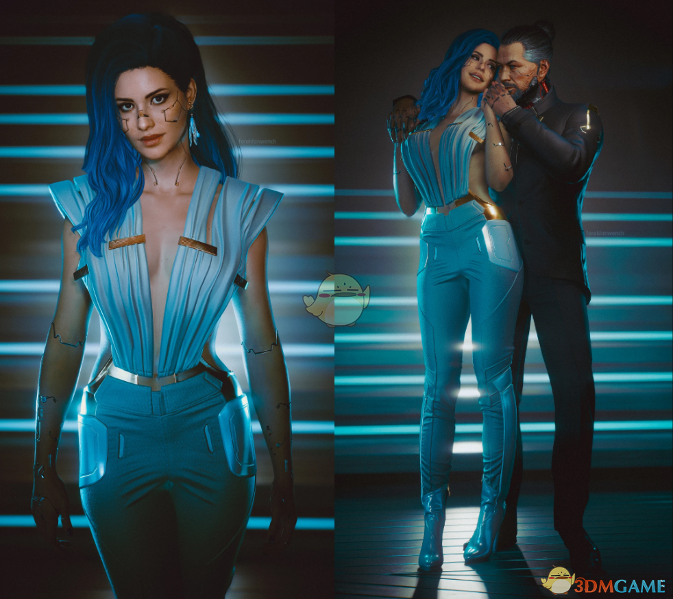 《赛博朋克2077》穿浅蓝色现代金扣服装的V EBB MOD