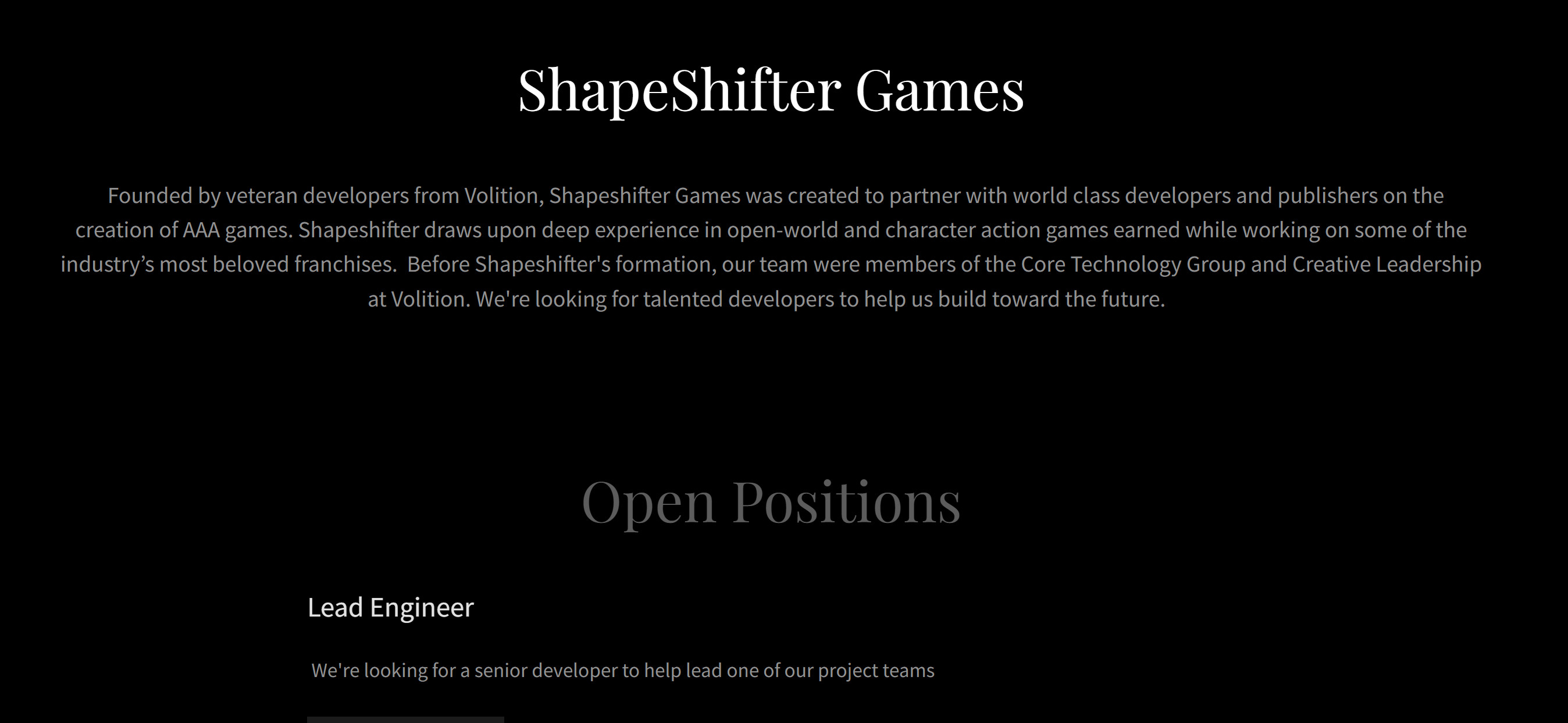 前《黑道圣徒》开发商Volition主创成立新工作室Shapeshifter Games