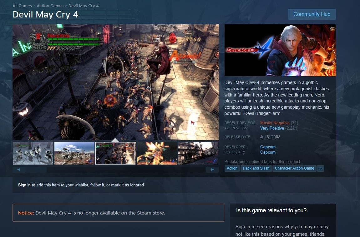 《鬼泣3：特别版》《鬼泣4》已从Steam下架停售