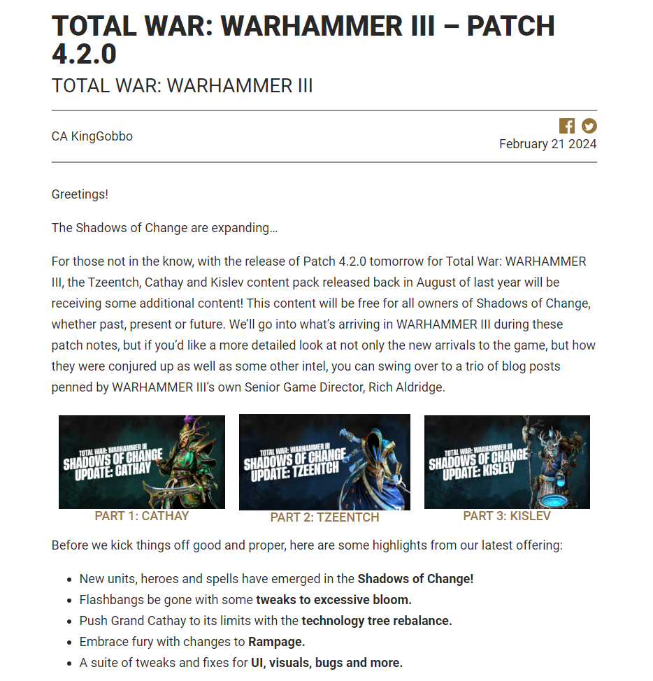 《全面战争：战锤III》4.2更新发布 为“变化之影”DLC带来大量新内容