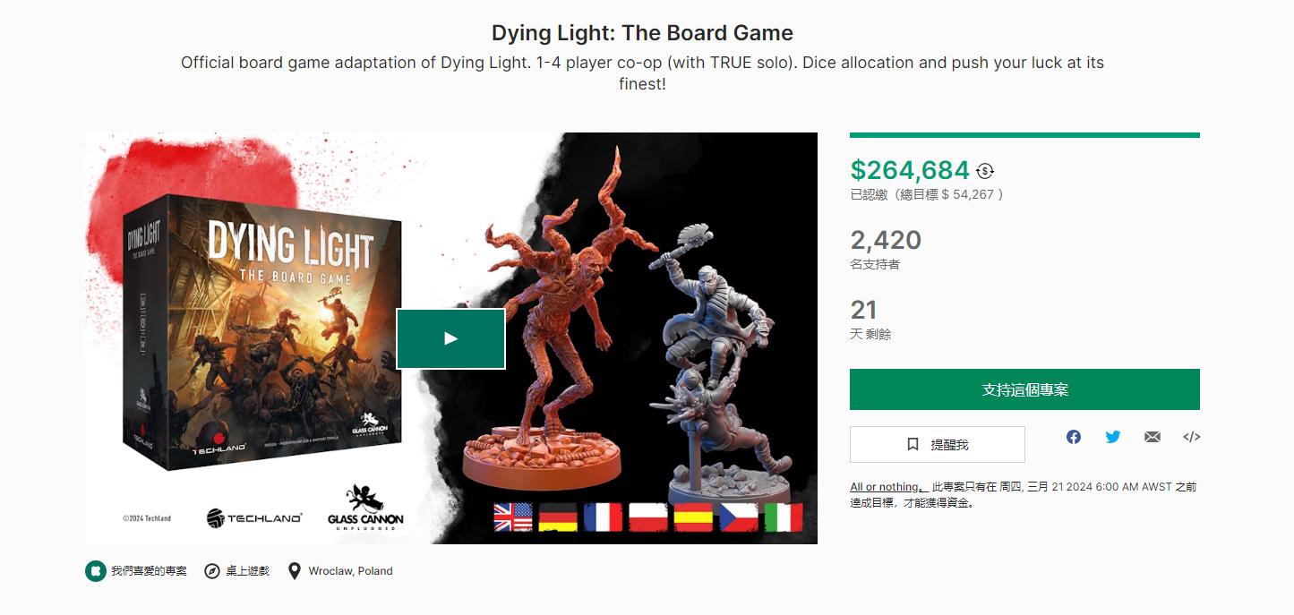《消逝的光芒：桌游版》众筹开启 金额已超26万美元