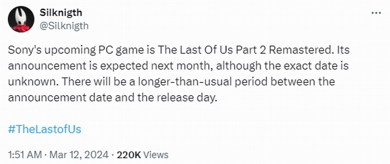 曝《最后生还者2：重制版》PC版将于4月公布 期待吗？