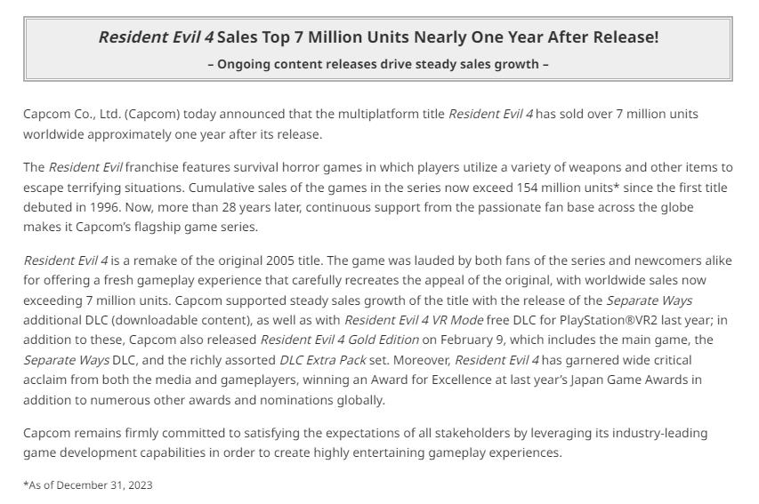 发售一年之后 《生化危机4：重制版》销量突破700万
