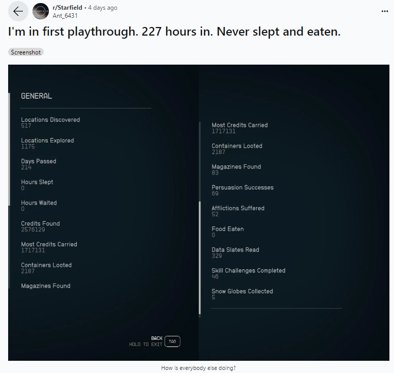 《星空》玩家玩227小时不让角色吃东西睡觉 这是虐待！