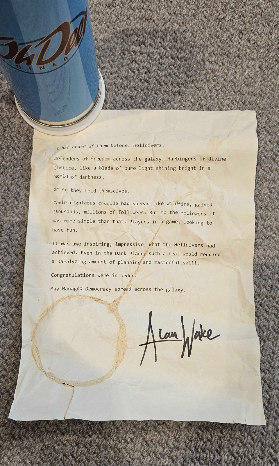 玩梗玩出花：“艾伦·韦克”向《绝地潜兵2》工作室致信