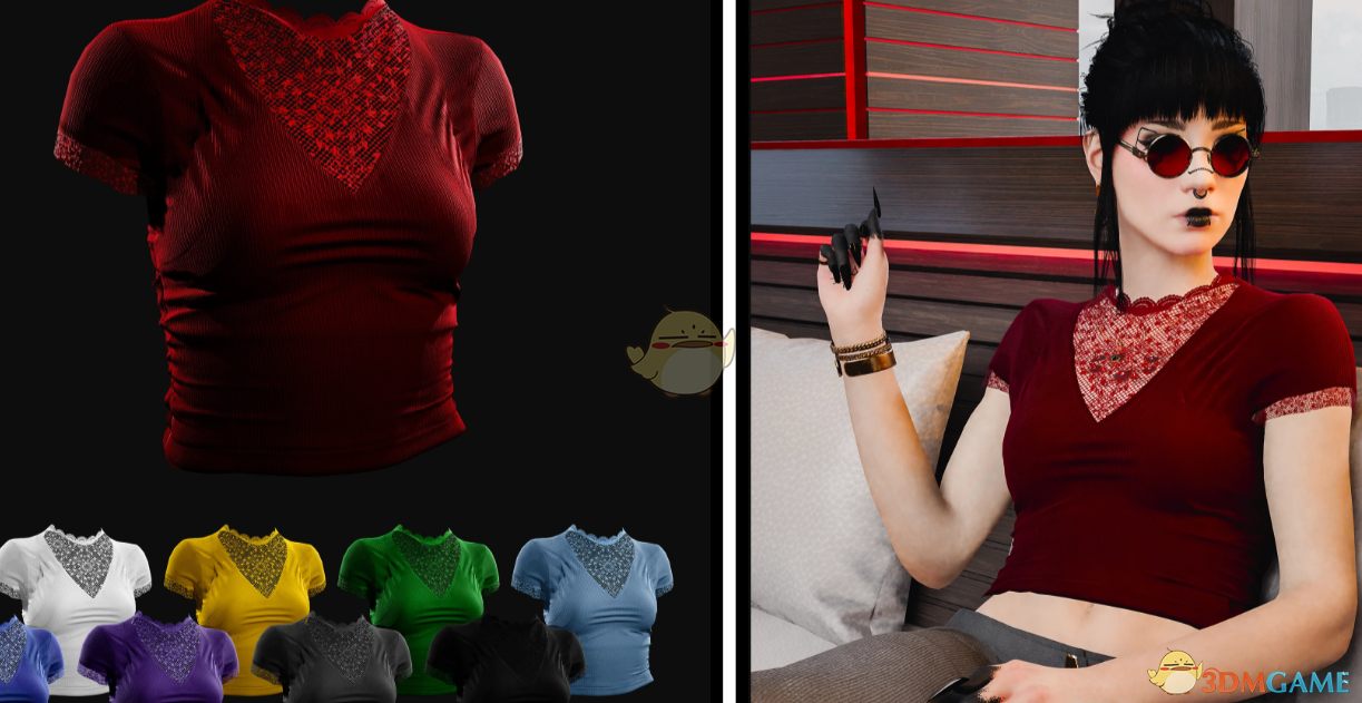 《赛博朋克2077》蕾丝嵌花泡泡袖上衣MOD