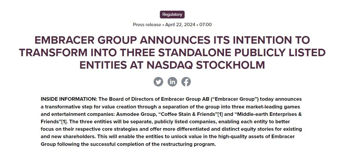 Embracer Group宣布拆分重组 分为三家独立上市公司