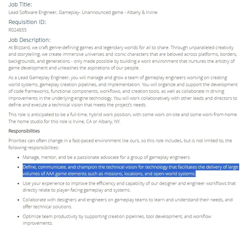 暴雪尚未公布的3A开放世界多人RPG游戏将使用虚幻引擎5开发