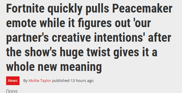 《堡垒之夜》宣布删除联动《和平使者》经典动态道具