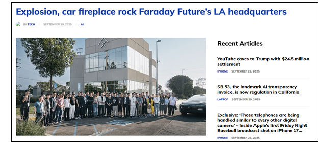 贾跃亭展示的FF91起火爆炸 法拉第未来总部小楼被烧