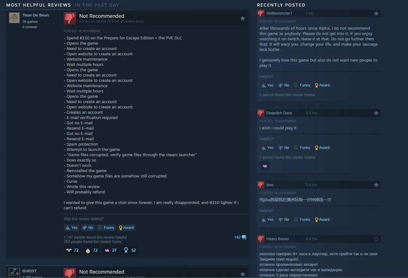 《逃离塔科夫》Steam差评如潮 根本进不去游戏