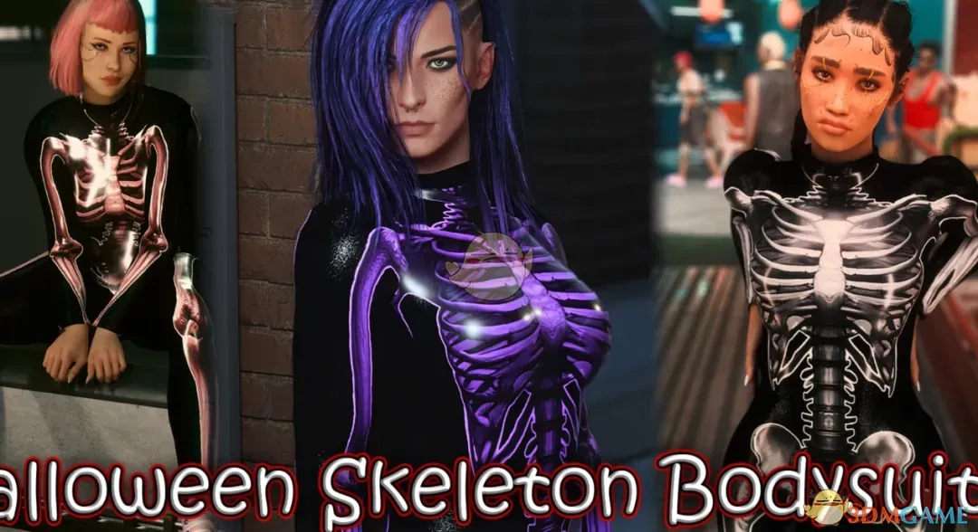 《赛博朋克2077》万圣节骷髅连体紧身衣MOD