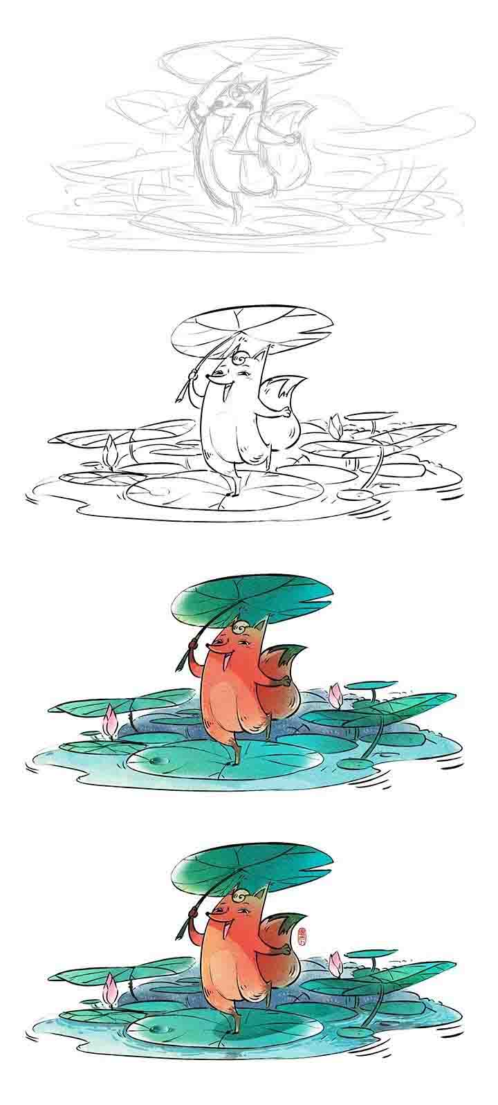 PS如何制作踩在荷叶上小狐狸插画